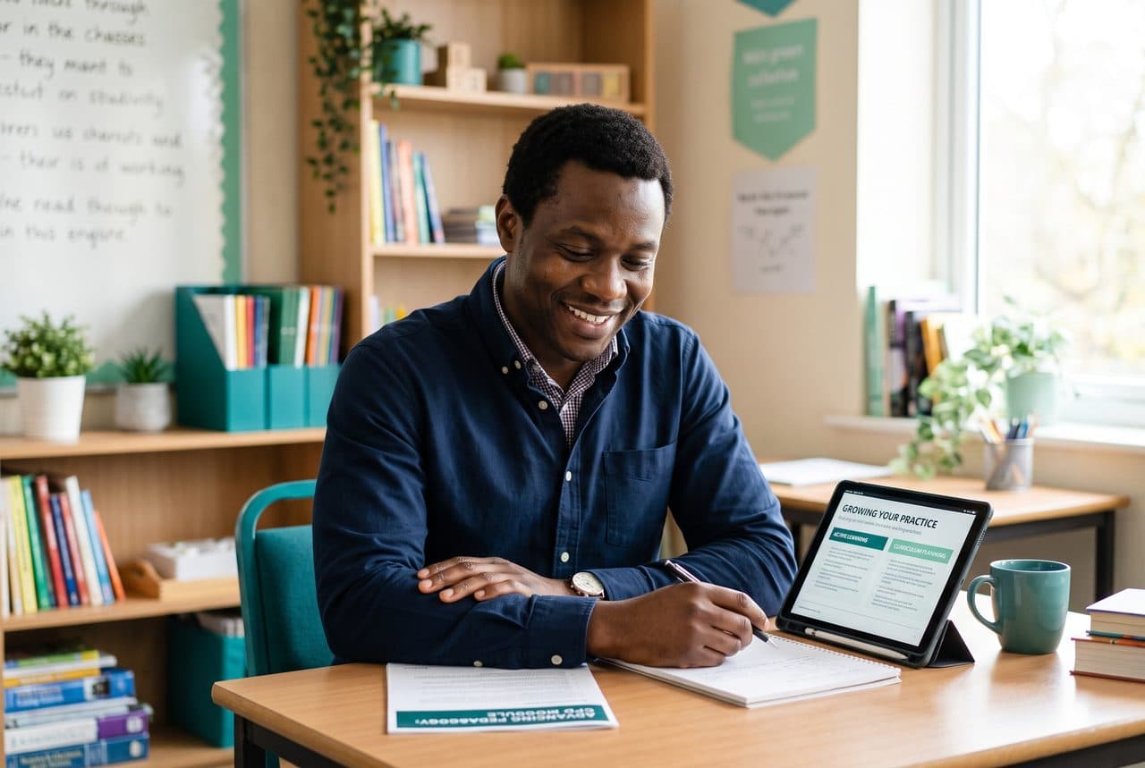 A Nigerian teacher reviewing professional development material on a tablet