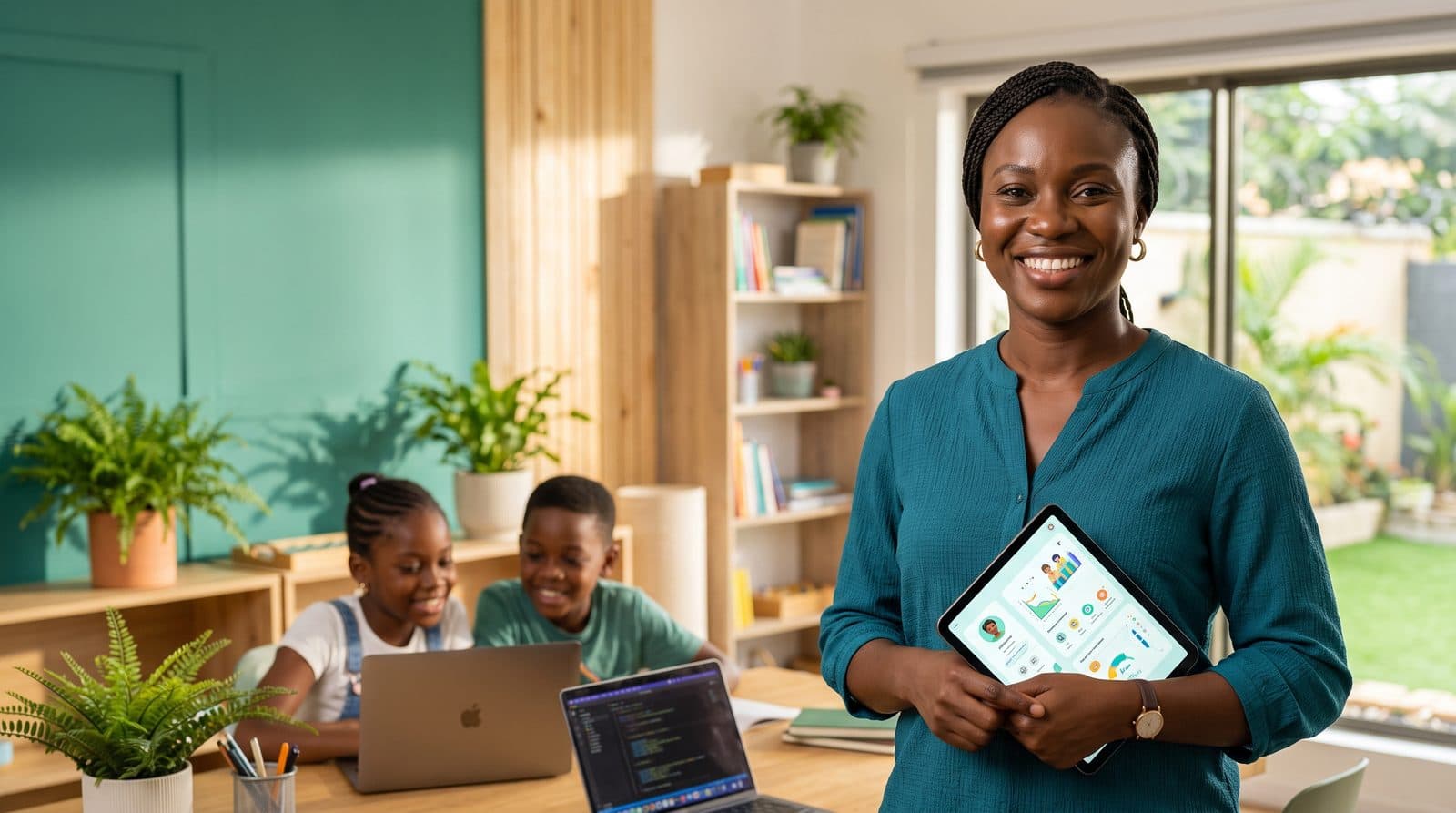 A Nigerian teacher holding a tablet showing a student progress dashboard, with two children learning in the background