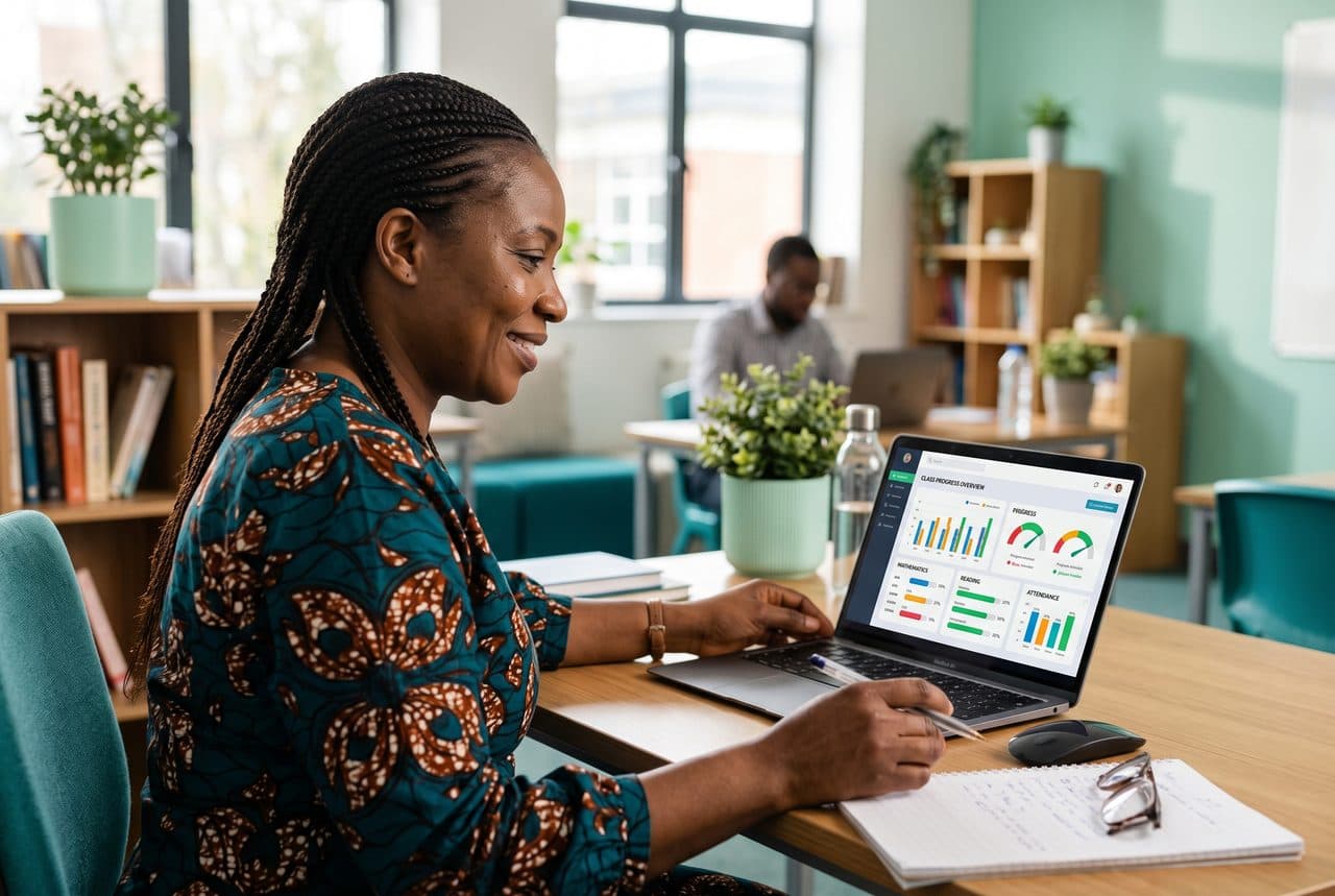 A Nigerian teacher reviewing a class progress dashboard on a laptop