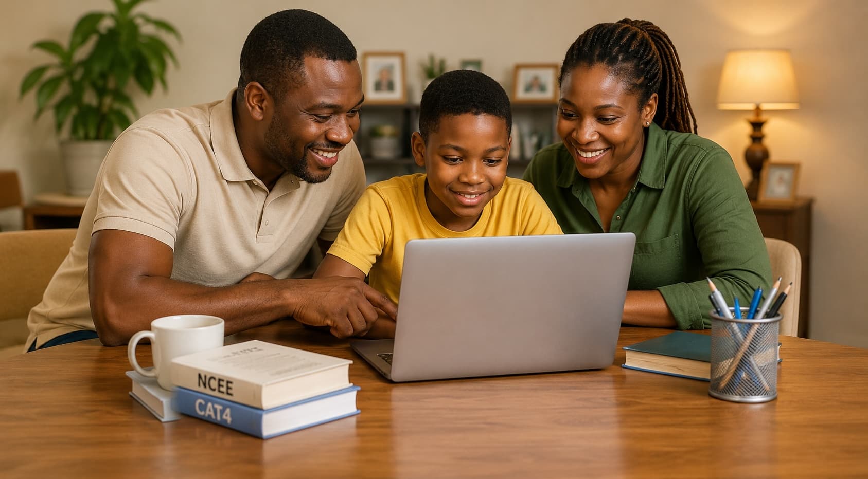 A Nigerian parent and child practising on a laptop together
